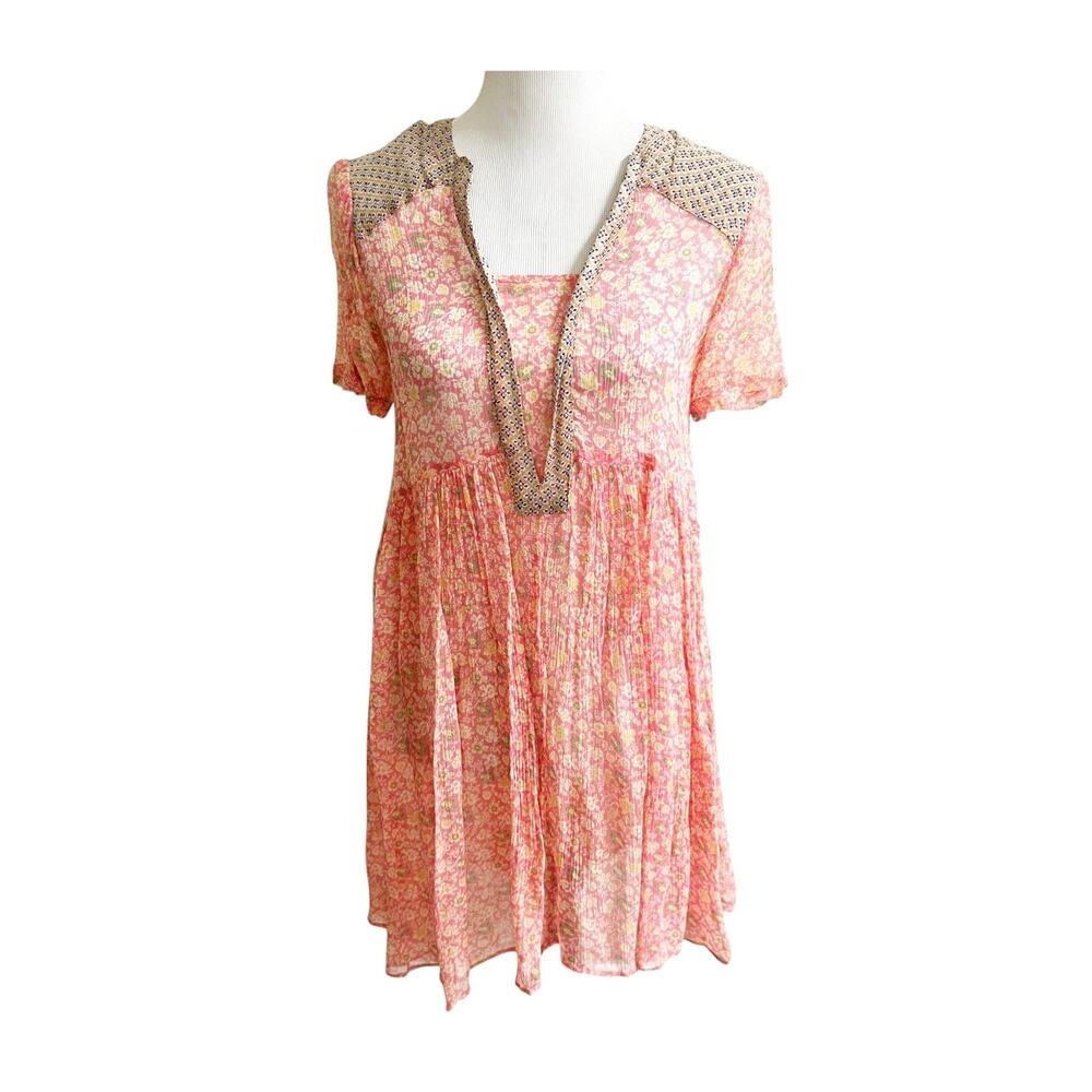 Maeve Glory Tunic Dress Chiffon Size 2 Coral Ruffle Hem V-Neck Feminine Romantic